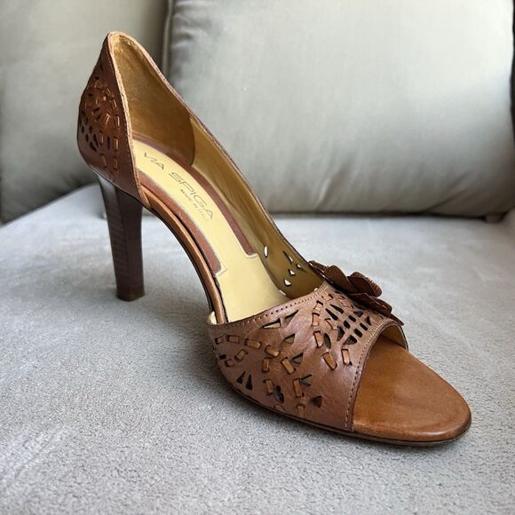 Via Spiga Tan Woven Leather Open Toe Heels Women 8.5 Cut Outs Flower Casual - Picture 4 of 16